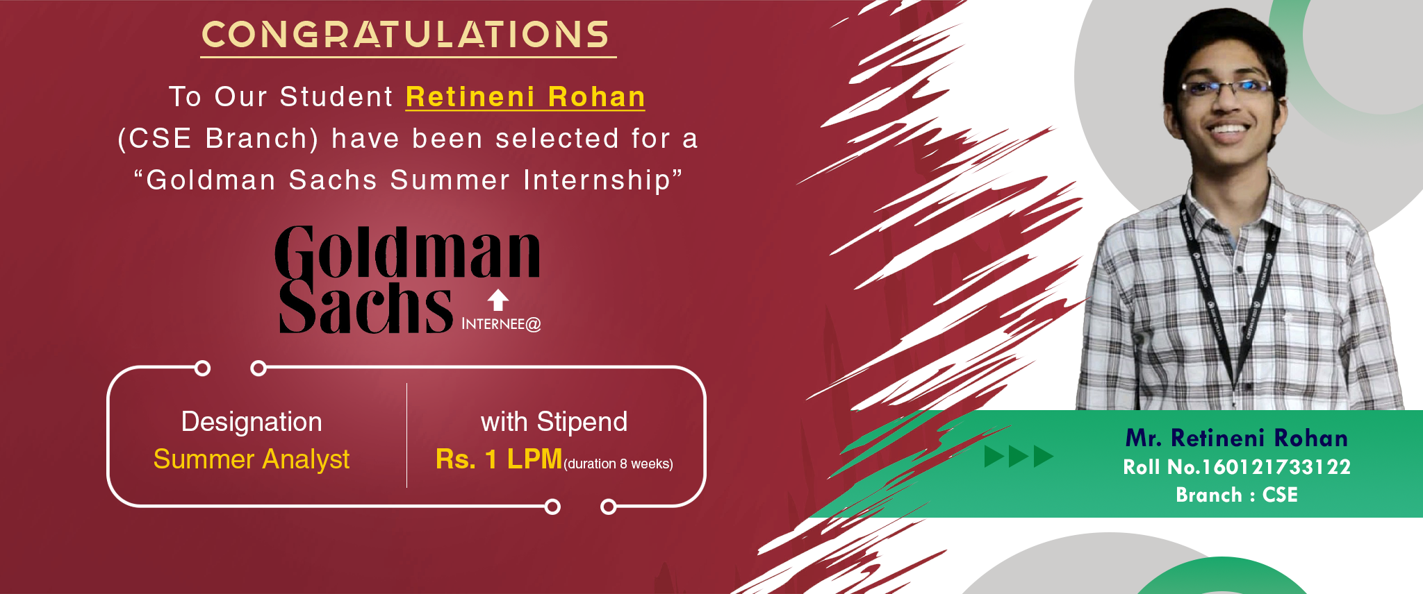 Goldman Sachs Internship 2024 CBIT Banner. CBIT